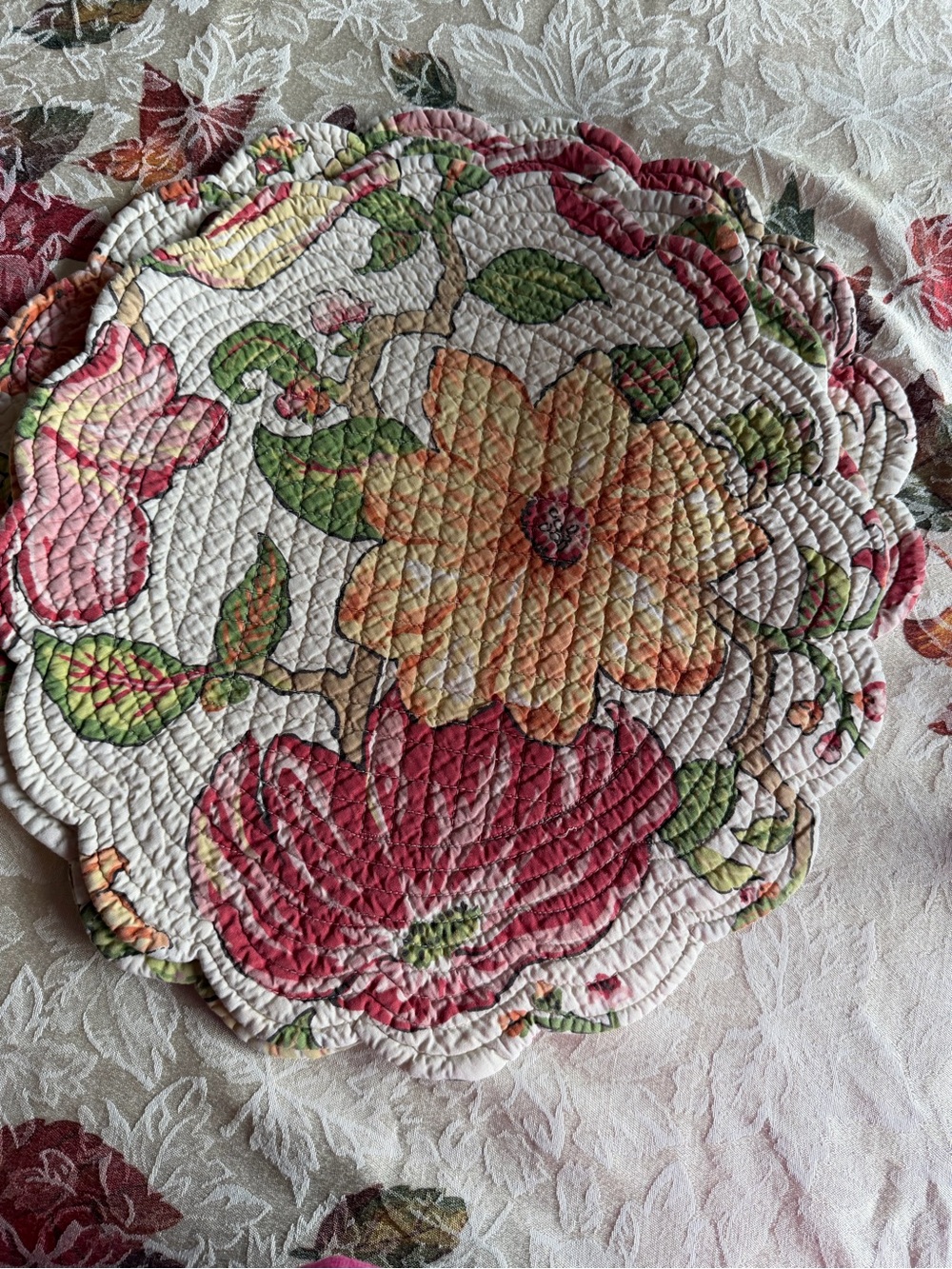 Floral Quilted Scalloped Placemat - Multicolor and yellow 2 sets